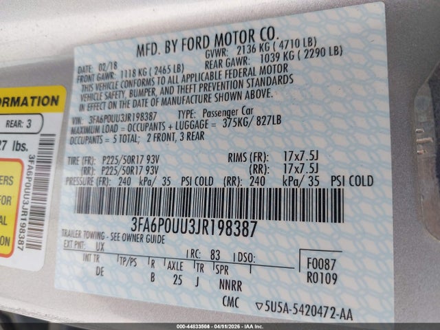 3FA6P0UU3JR198387 Ford Fusion Hybrid S