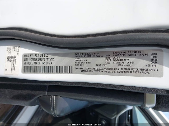 Auction sale of the 2023 Jeep Grand Cherokee L Limited 4x4, vin: 1C4RJKBG0P8711512, lot number: 44833516