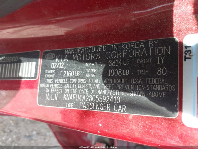 44833539 :رقم المزاد ، KNAFU4A23C5592410 vin ، 2012 Kia Forte Ex مزاد بيع