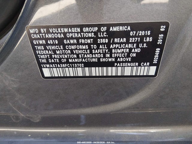 Продажа на аукционе авто 2015 Volkswagen Passat 1.8t Limited Edition, vin: 1VWAS7A38FC113702, номер лота: 44833559