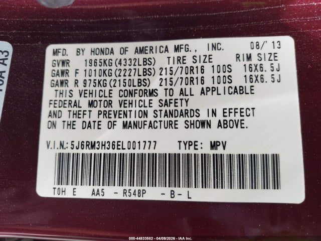 5J6RM3H36EL001777 Honda CR-V LX