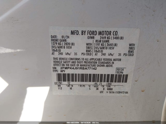 2024 Ford Edge Sel მანქანა იყიდება აუქციონზე, vin: 2FMPK4J91RBA77142, აუქციონის ნომერი: 44833594