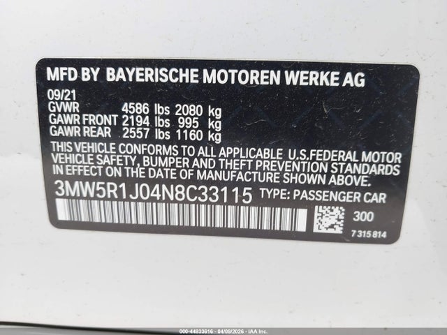 2022 Bmw 330i მანქანა იყიდება აუქციონზე, vin: 3MW5R1J04N8C33115, აუქციონის ნომერი: 44833616