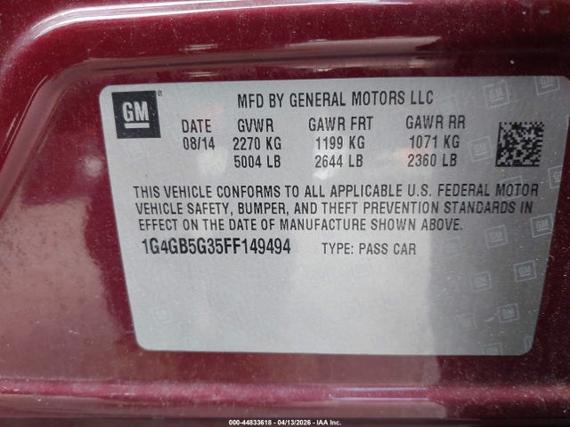 2015 Buick Lacrosse Leather მანქანა იყიდება აუქციონზე, vin: 1G4GB5G35FF149494, აუქციონის ნომერი: 44833618