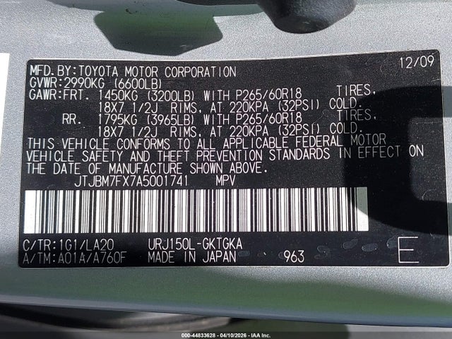 44833628 :رقم المزاد ، JTJBM7FX7A5001741 vin ، 2010 Lexus Gx 460 مزاد بيع