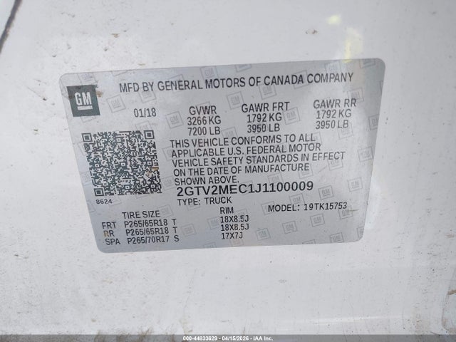 Aukcja sprzedaży 2018 Gmc Sierra 1500 Sle, vin: 2GTV2MEC1J1100009, numer aukcji: 44833629