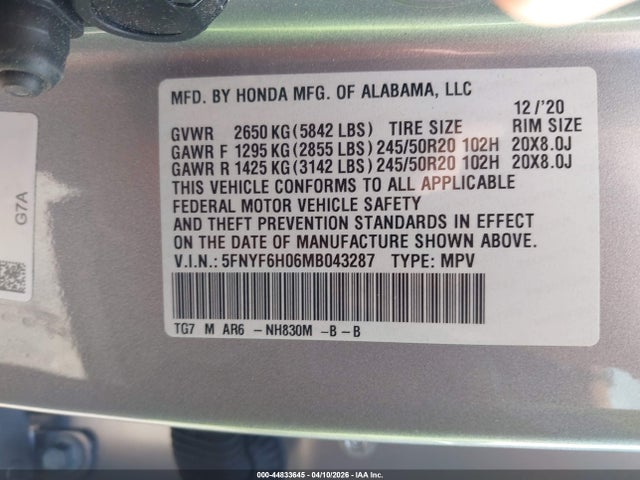 44833645 :رقم المزاد ، 5FNYF6H06MB043287 vin ، 2021 Honda Pilot Awd Elite مزاد بيع