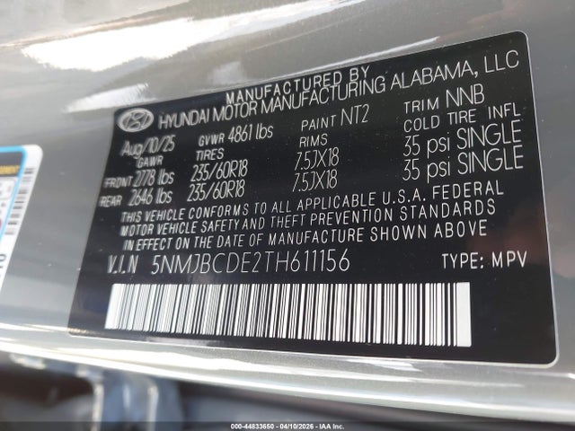 Продажа на аукционе авто 2026 Hyundai Tucson Sel, vin: 5NMJBCDE2TH611156, номер лота: 44833650