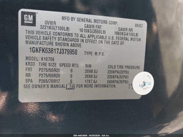 Aukcja sprzedaży 2007 Gmc Yukon Denali, vin: 1GKFK63817J379950, numer aukcji: 44833656