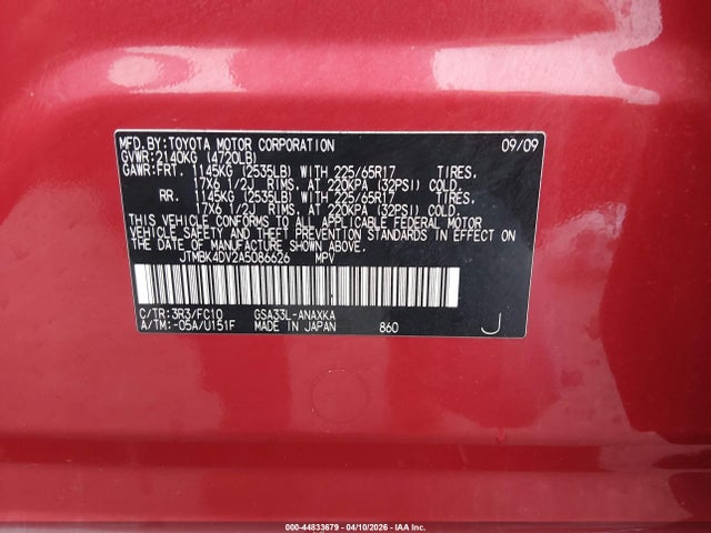2010 Toyota Rav4 Base V6 მანქანა იყიდება აუქციონზე, vin: JTMBK4DV2A5086626, აუქციონის ნომერი: 44833679