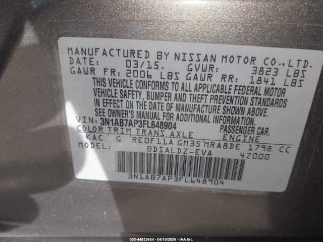 2015 Nissan Sentra Fe+ S/s/sl/sr/sv მანქანა იყიდება აუქციონზე, vin: 3N1AB7AP3FL648904, აუქციონის ნომერი: 44833684