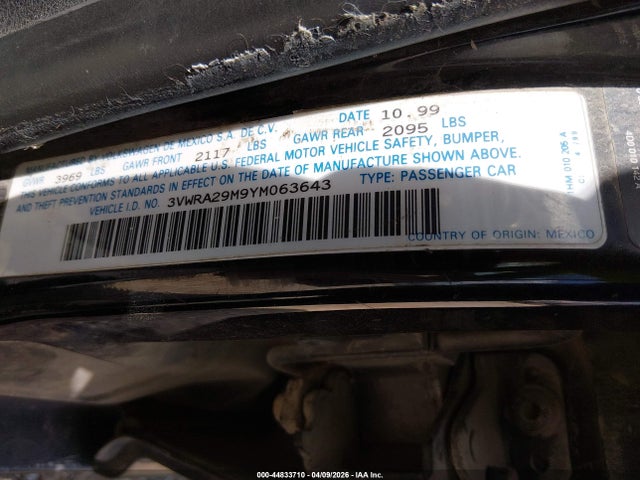 Aukcja sprzedaży 2000 Volkswagen Jetta Gl, vin: 3VWRA29M9YM063643, numer aukcji: 44833710