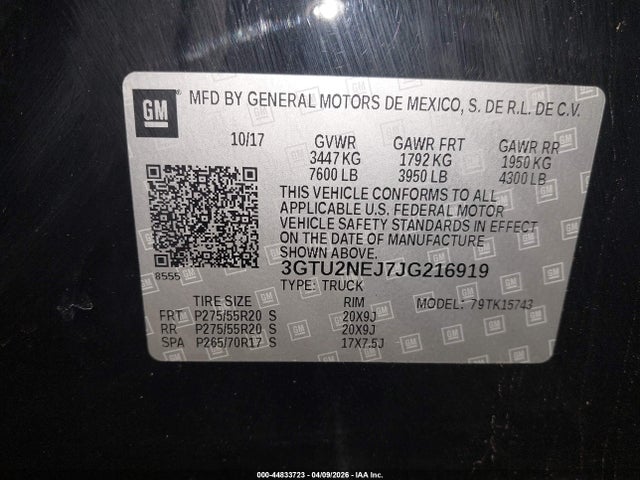 Продаж на аукціоні авто 2018 Gmc Sierra 1500 Slt, vin: 3GTU2NEJ7JG216919, номер лоту: 44833723