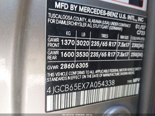 Aukcja sprzedaży 2007 Mercedes-benz R 350 4matic, vin: 4JGCB65EX7A054338, numer aukcji: 44833726