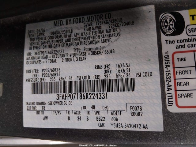 2006 Ford Fusion Se მანქანა იყიდება აუქციონზე, vin: 3FAFP07186R224331, აუქციონის ნომერი: 44833731