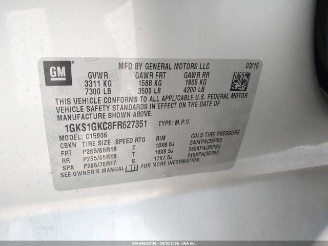 44833736 :رقم المزاد ، 1GKS1GKC8FR627351 vin ، 2015 Gmc Yukon Xl 1500 Sle مزاد بيع