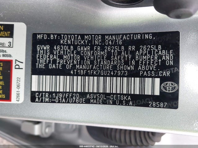 44833742 :رقم المزاد ، 4T1BF1FK7GU247973 vin ، 2016 Toyota Camry Se مزاد بيع