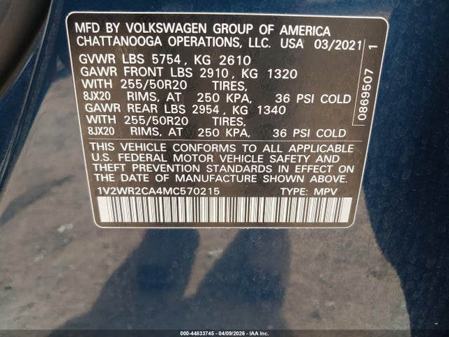 2021 Volkswagen Atlas 3.6l V6 Se W/technology მანქანა იყიდება აუქციონზე, vin: 1V2WR2CA4MC570215, აუქციონის ნომერი: 44833745