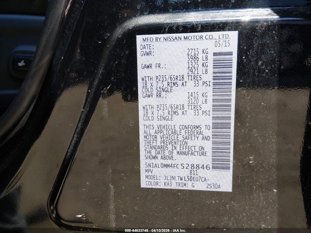 Aukcja sprzedaży 2015 Infiniti Qx60, vin: 5N1AL0MM4FC528846, numer aukcji: 44833746