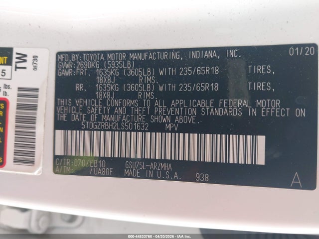 Toyota Highlander Xle 2020 5TDGZRBH2LS501632 Image 9
