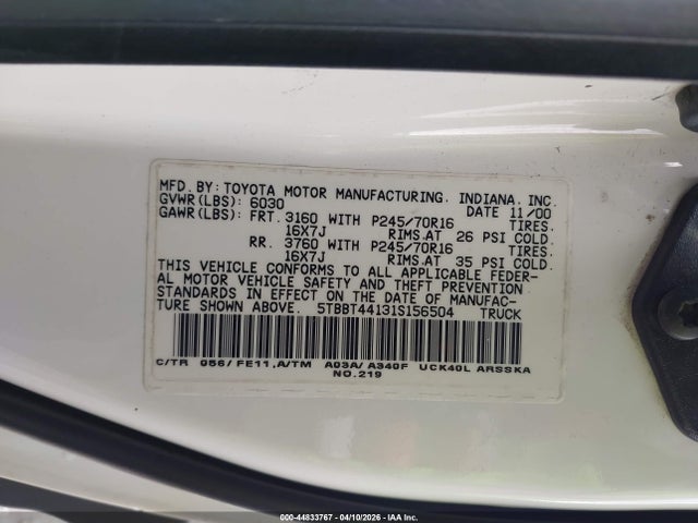 Aukcja sprzedaży 2001 Toyota Tundra Sr5 V8, vin: 5TBBT44131S156504, numer aukcji: 44833767