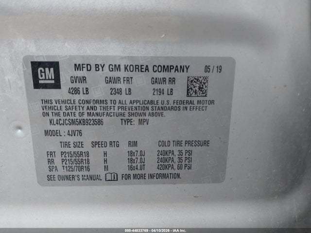 44833769 :رقم المزاد ، KL4CJCSM5KB923586 vin ، 2019 Buick Encore Fwd Essence مزاد بيع