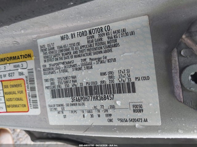 44833780 :رقم المزاد ، 3FA6P0H77HR368457 vin ، 2017 Ford Fusion Se مزاد بيع