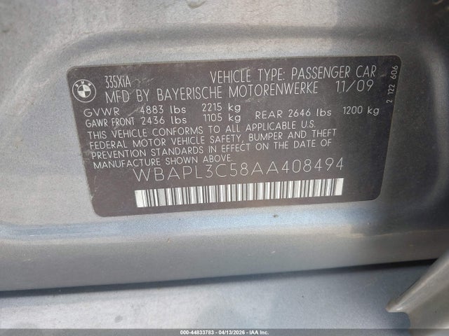 44833783 :رقم المزاد ، WBAPL3C58AA408494 vin ، 2010 Bmw 335i Xdrive مزاد بيع