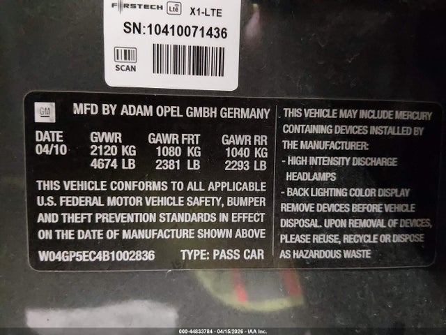44833784 :رقم المزاد ، W04GP5EC4B1002836 vin ، 2011 Buick Regal Cxl Russelsheim مزاد بيع