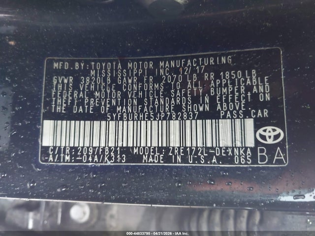 44833795 :رقم المزاد ، 5YFBURHE5JP782837 vin ، 2018 Toyota Corolla Le مزاد بيع