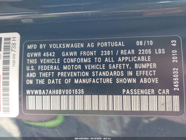 Продаж на аукціоні авто 2011 Volkswagen Eos Komfort, vin: WVWBA7AH8BV001535, номер лоту: 44833802