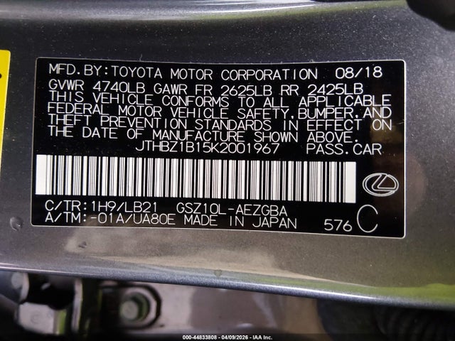 Aukcja sprzedaży 2019 Lexus Es 350 F Sport/luxury/ultra Luxury, vin: JTHBZ1B15K2001967, numer aukcji: 44833808