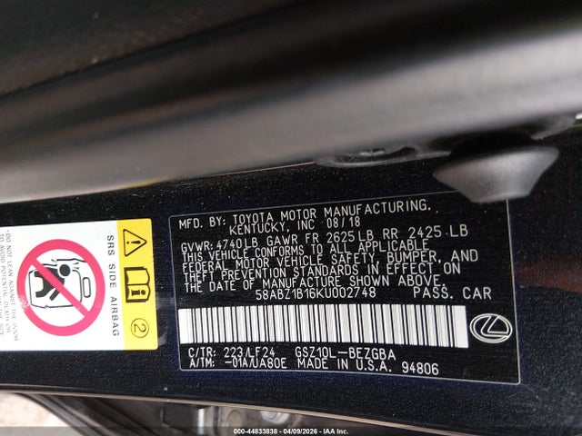 Aukcja sprzedaży 2019 Lexus Es 350 F Sport, vin: 58ABZ1B16KU002748, numer aukcji: 44833838