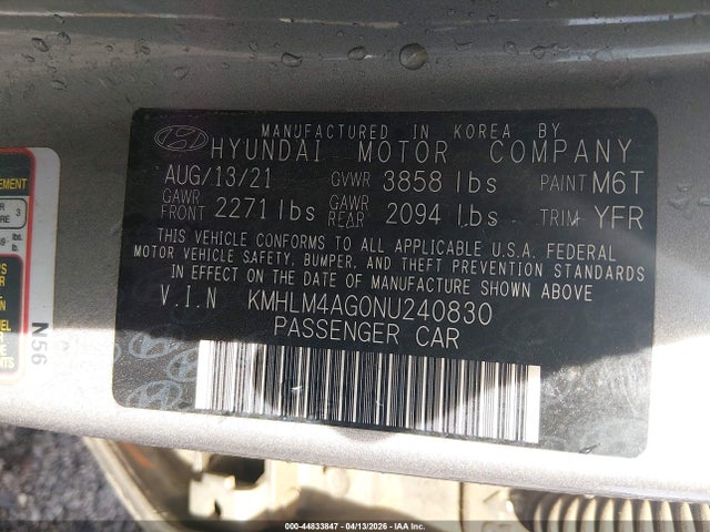Продажа на аукционе авто 2022 Hyundai Elantra Sel, vin: KMHLM4AG0NU240830, номер лота: 44833847