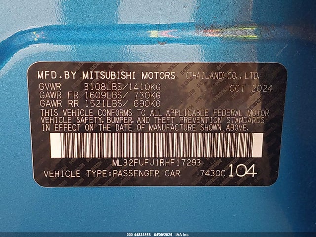 Aukcja sprzedaży 2024 Mitsubishi Mirage G4 Es, vin: ML32FUFJ1RHF17293, numer aukcji: 44833868