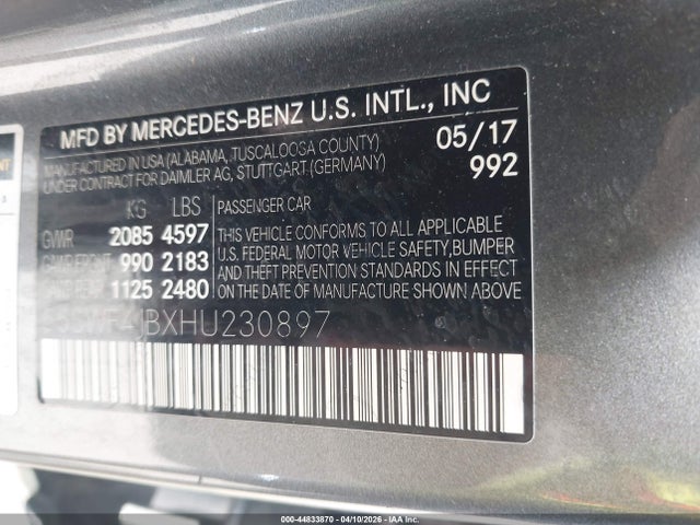 Продажа на аукционе авто 2017 Mercedes-benz C 300, vin: 55SWF4JBXHU230897, номер лота: 44833870