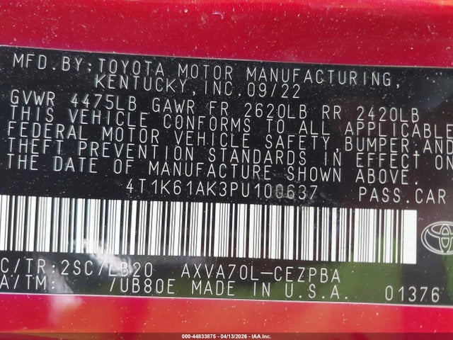 Aukcja sprzedaży 2023 Toyota Camry Xse, vin: 4T1K61AK3PU100637, numer aukcji: 44833875