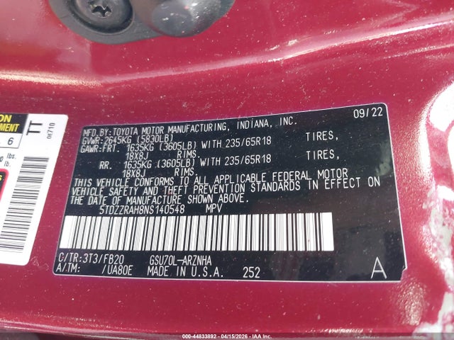 Toyota Highlander Le 2022 5TDZZRAH8NS140548 Image 9
