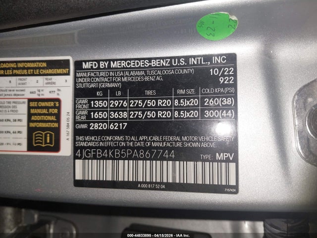 44833895 :رقم المزاد ، 4JGFB4KB5PA867744 vin ، 2023 Mercedes-benz Gle 350 4matic مزاد بيع
