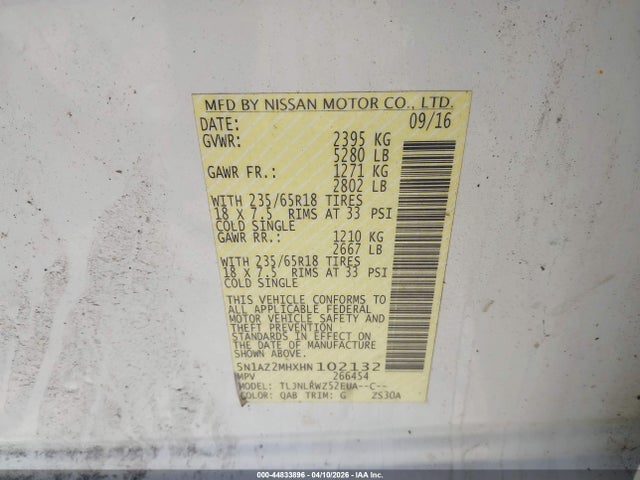 44833896 :رقم المزاد ، 5N1AZ2MHXHN102132 vin ، 2017 Nissan Murano Sl مزاد بيع