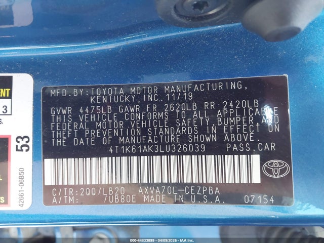 Продажа на аукционе авто 2020 Toyota Camry Xse, vin: 4T1K61AK3LU326039, номер лота: 44833899