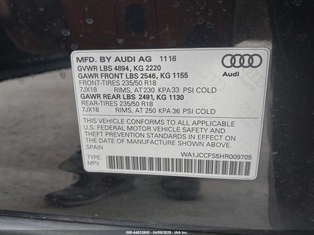 Aukcja sprzedaży 2017 Audi Q3 2.0t Premium, vin: WA1JCCFS5HR009705, numer aukcji: 44833900