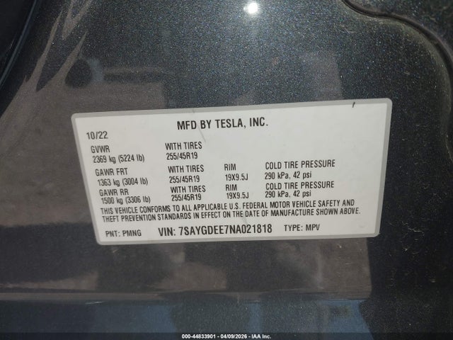 44833901 :رقم المزاد ، 7SAYGDEE7NA021818 vin ، 2022 Tesla Model Y Long Range Dual Motor All-wheel Drive مزاد بيع