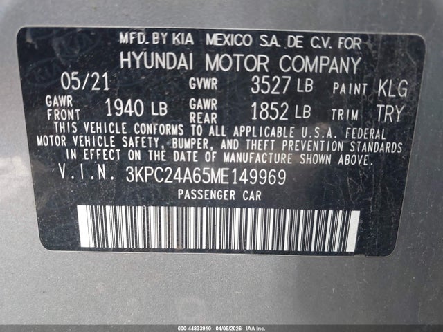 Продаж на аукціоні авто 2021 Hyundai Accent Se, vin: 3KPC24A65ME149969, номер лоту: 44833910