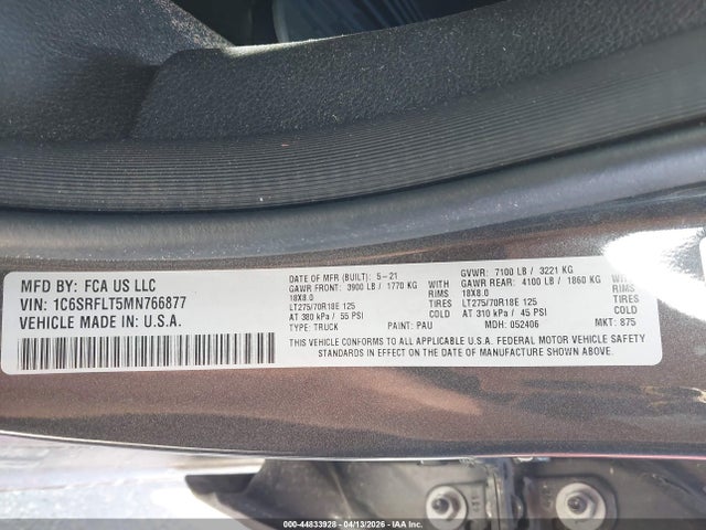 2021 Ram 1500 Rebel  4x4 5'7 Box მანქანა იყიდება აუქციონზე, vin: 1C6SRFLT5MN766877, აუქციონის ნომერი: 44833928