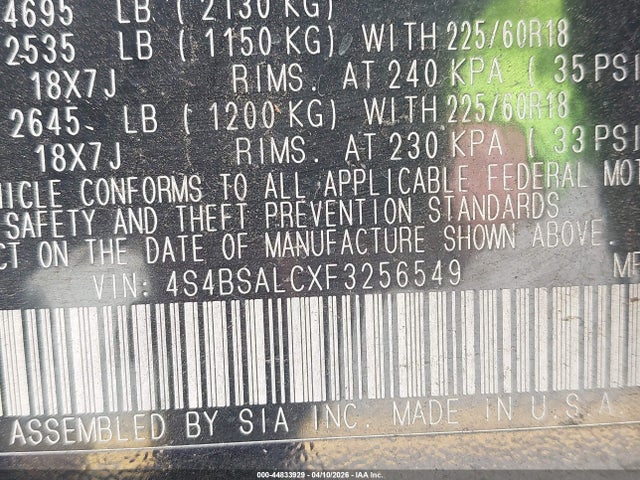Subaru Outback 2.5i Limited 2015 4S4BSALCXF3256549 Image 9