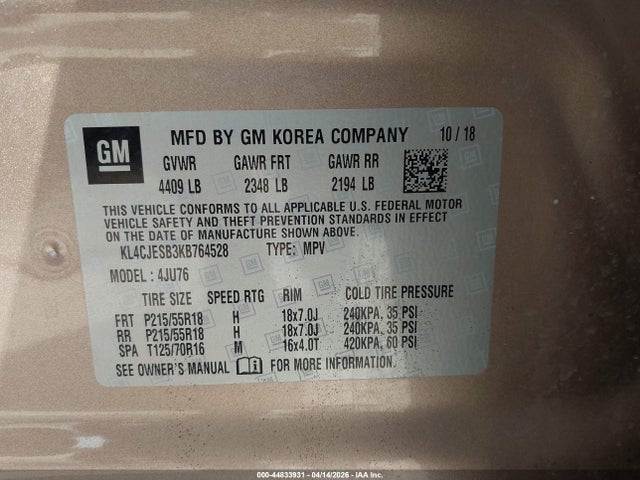 44833931 :رقم المزاد ، KL4CJESB3KB764528 vin ، 2019 Buick Encore Awd Preferred مزاد بيع