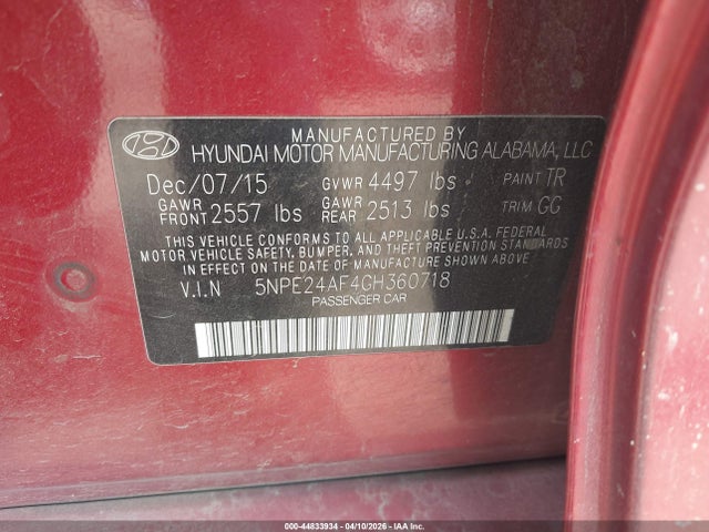 2016 Hyundai Sonata Se მანქანა იყიდება აუქციონზე, vin: 5NPE24AF4GH360718, აუქციონის ნომერი: 44833934