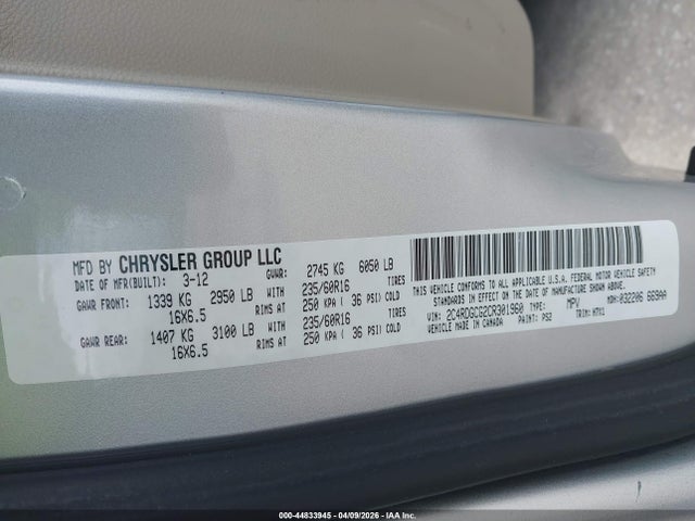 2012 Dodge Grand Caravan Sxt მანქანა იყიდება აუქციონზე, vin: 2C4RDGCG2CR301960, აუქციონის ნომერი: 44833945