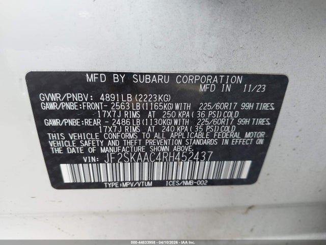 2024 Subaru Forester მანქანა იყიდება აუქციონზე, vin: JF2SKAAC4RH452437, აუქციონის ნომერი: 44833958